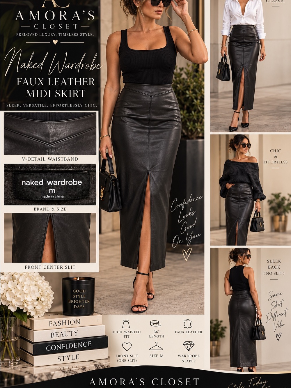naked wardrobe Black Faux Leather Midi Skirt with Front Slit